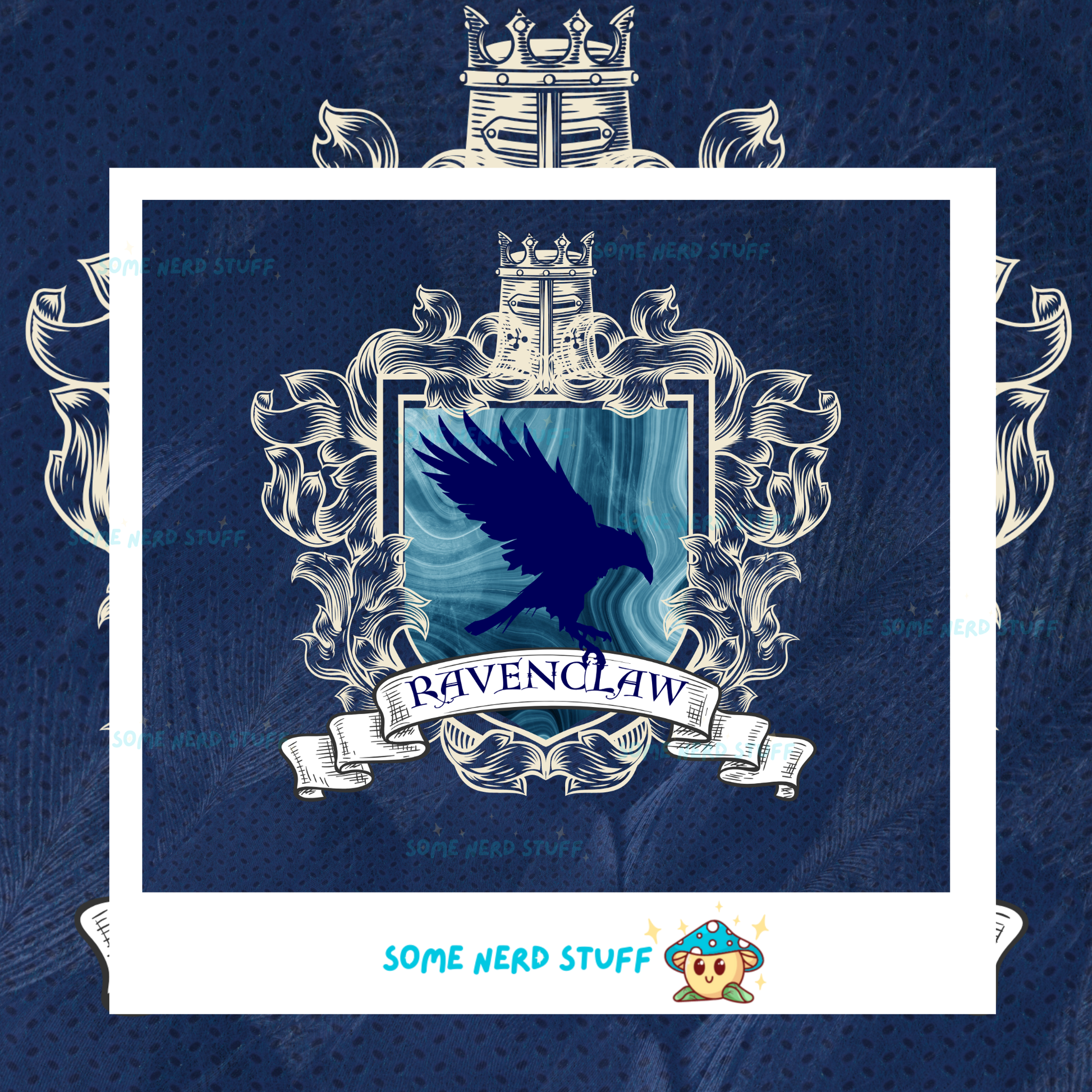Ravenclaw crest with a blue background and decorative helmet crest on a dark blue background.