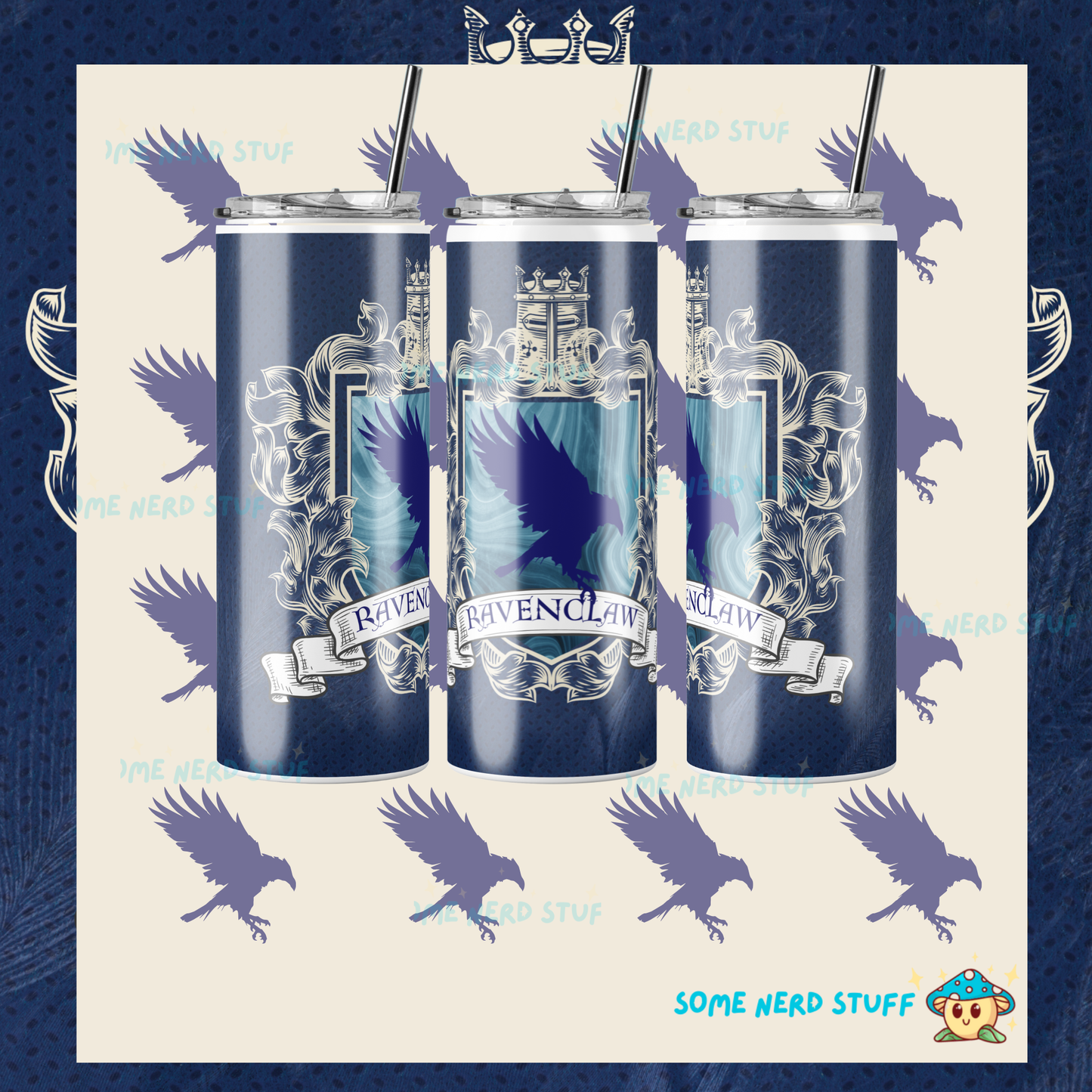 One blue tumbler with 'Ravenclaw' design on a patterned background with ravens. Showing all sides of Harry Potter inspired Tumbler.