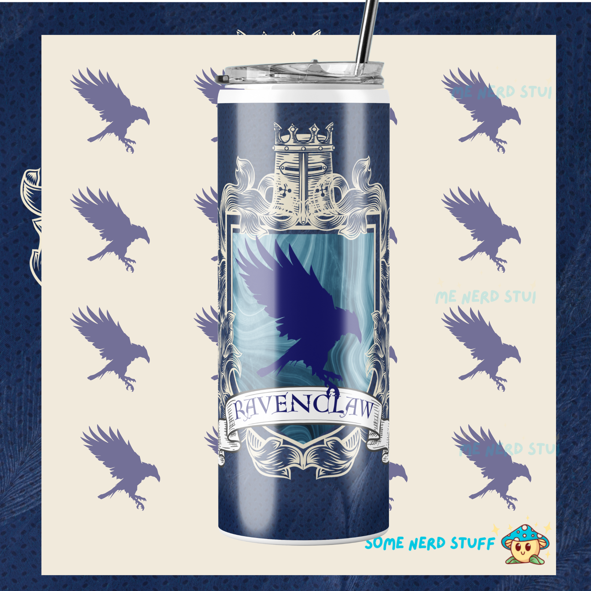Tumbler with Ravenclaw design on a patterned background