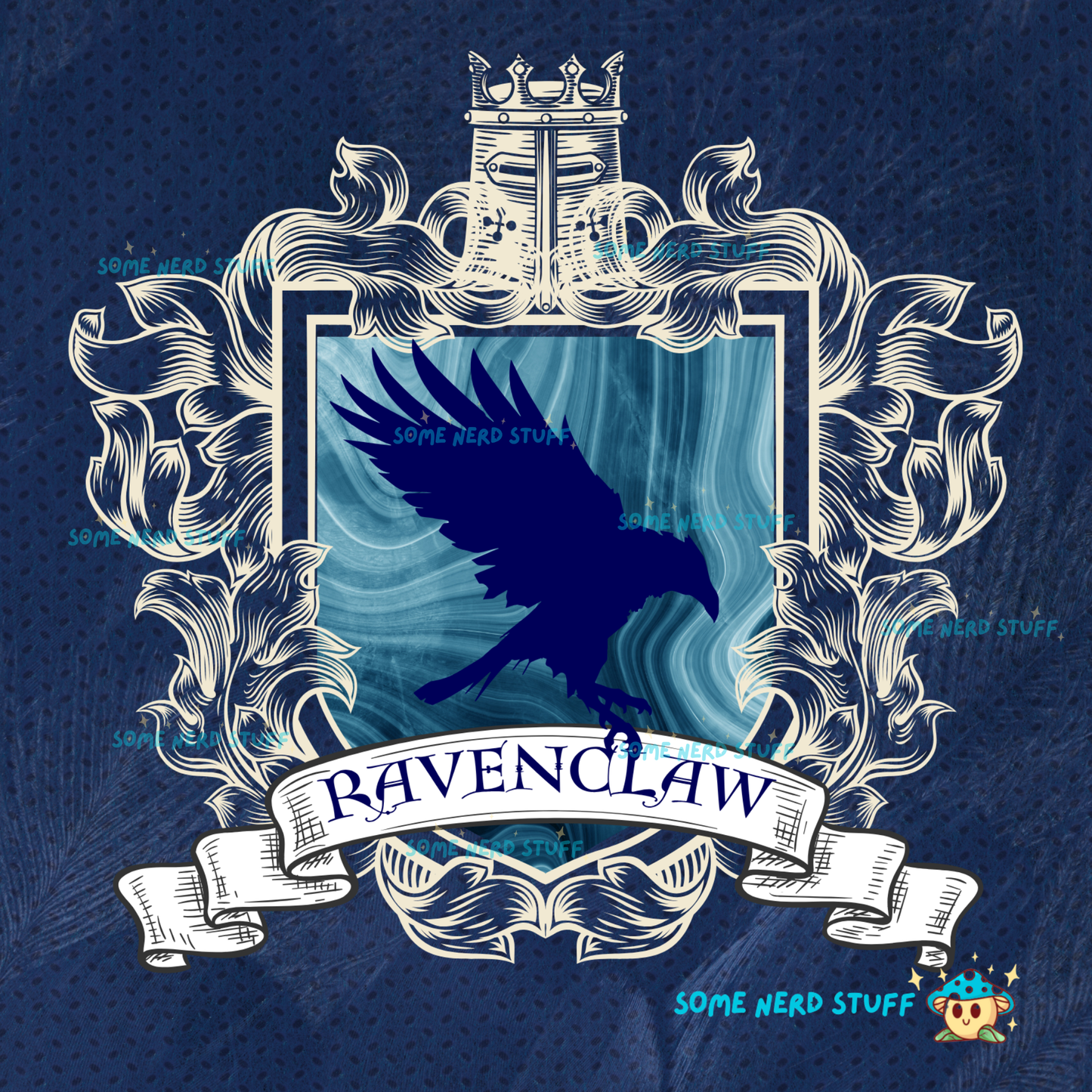 Ravenclaw crest with a silhouette of a raven on a blue background wiith feathers