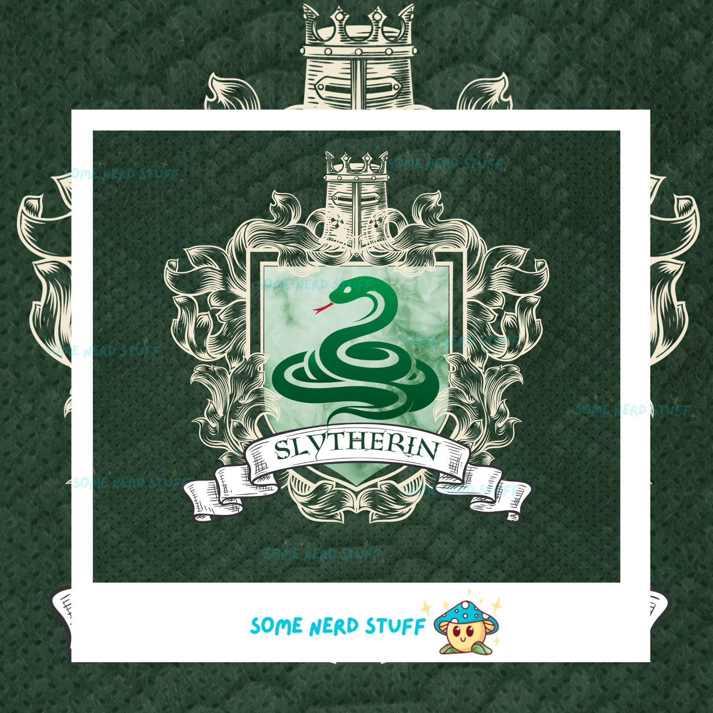 Witch and Wizard Tumbler with snake emblem on a green scale background surrounded with house crestle