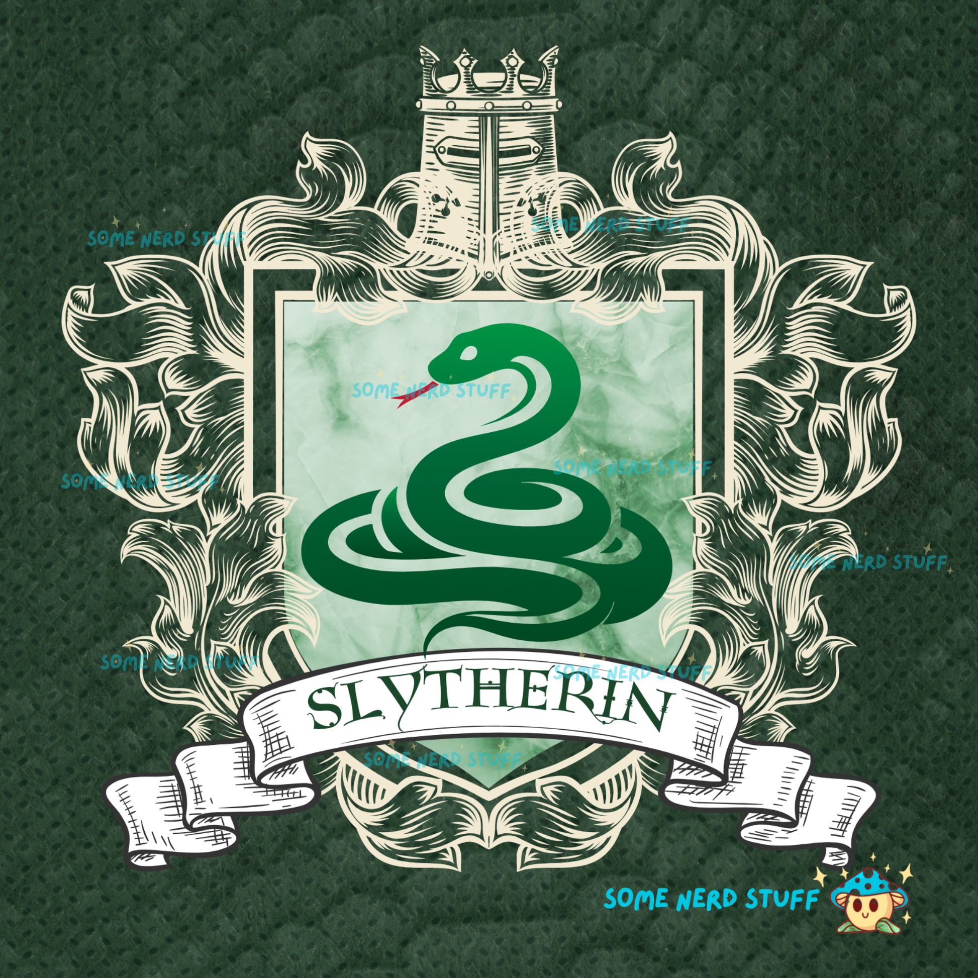 Slytherin crest with snake design on a green background