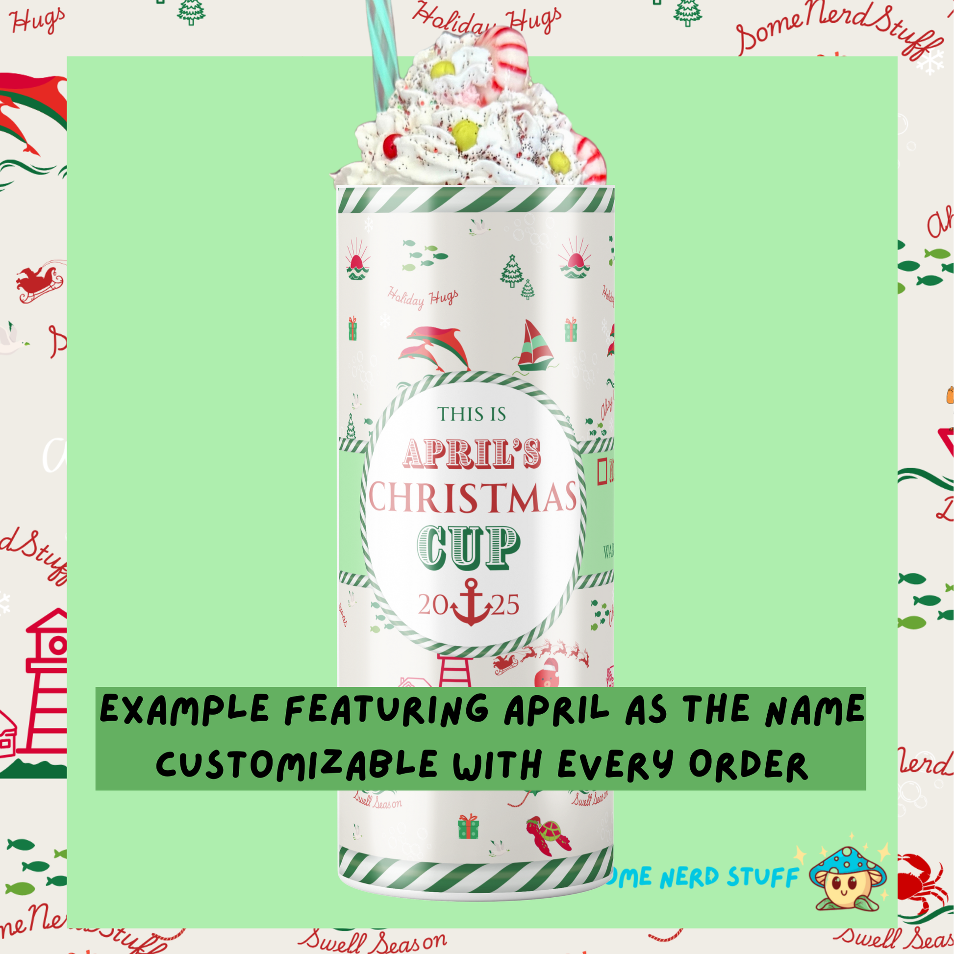 Decorative mug with Christmas-themed design and customizable text on a green background. Persoanlized with name and year.