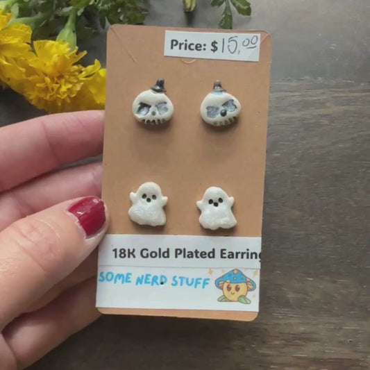 Halloween themed earrings hatbox ghost and happy ghost sold by somenerdstuff online